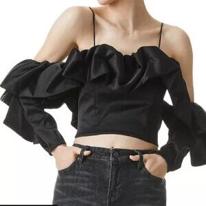 Alice and Olivia Monrow Ruffled Flounce Sleeve Black Crop Top Size 2